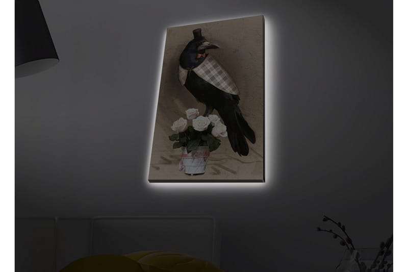 Canvas-taulu LED-valaistuksella - Lintu elegantissa asussa ruusukimpun kanssa, Musta / Vaaleanpunainen / Beige