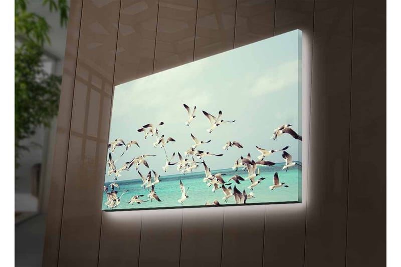Canvas-taulu LED-valaistuksella - Lintuparvi lentää sinisen merenpinnan yllä - Vaaleansininen / Valkoinen / Musta - Sisustustuotteet - Taulu & taide - Canvas-taulu