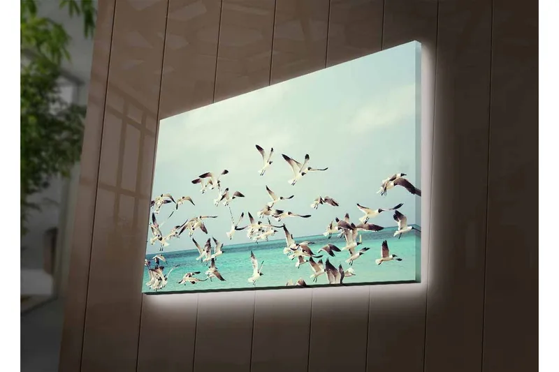 Canvas-taulu LED-valaistuksella - Lintuparvi lentää sinisen merenpinnan yllä - Vaaleansininen / Valkoinen / Musta - Sisustustuotteet - Taulu & taide - Canvas-taulu