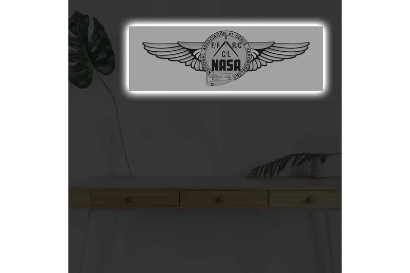 Canvas-taulu LED-valaistuksella - Logo siivillä ja NASA-aiheella, Musta / Harmaa