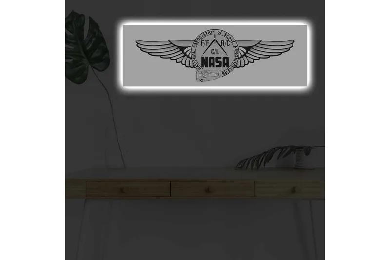 Canvas-taulu LED-valaistuksella - Logo siivillä ja NASA-aiheella, Musta / Harmaa