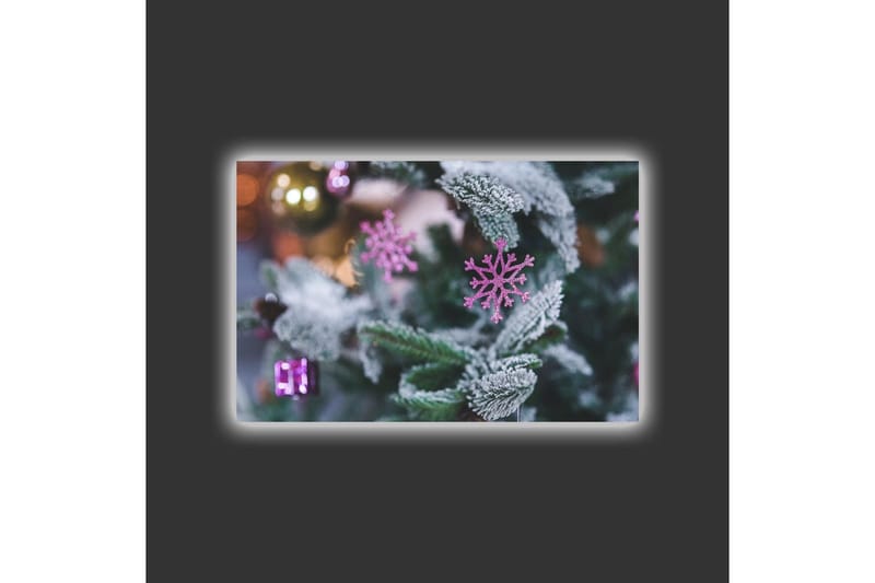 Canvas-taulu LED-valaistuksella - Lumihiutaleita vihreällä kuusella joulukoristeiden kera - Vihreä / Valkoinen / Vaaleanpunainen - Sisustustuotteet - Taulu & taide - Canvas-taulu