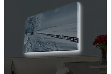 Canvas-taulu LED-valaistuksella - Luminen maisema, jossa on jälkiä lumessa ja puita tien varrella - Valkoinen / Vaaleansininen / Harmaa - Sisustustuotteet - Taulu & taide - Canvas-taulu