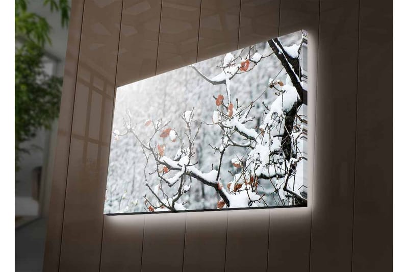 Canvas-taulu LED-valaistuksella - Lumipeitteiset oksat ruskeilla lehdillä - Valkoinen / Ruskea / Harmaa - Sisustustuotteet - Taulu & taide - Canvas-taulu