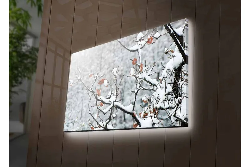 Canvas-taulu LED-valaistuksella - Lumipeitteiset oksat ruskeilla lehdillä - Valkoinen / Ruskea / Harmaa - Sisustustuotteet - Taulu & taide - Canvas-taulu