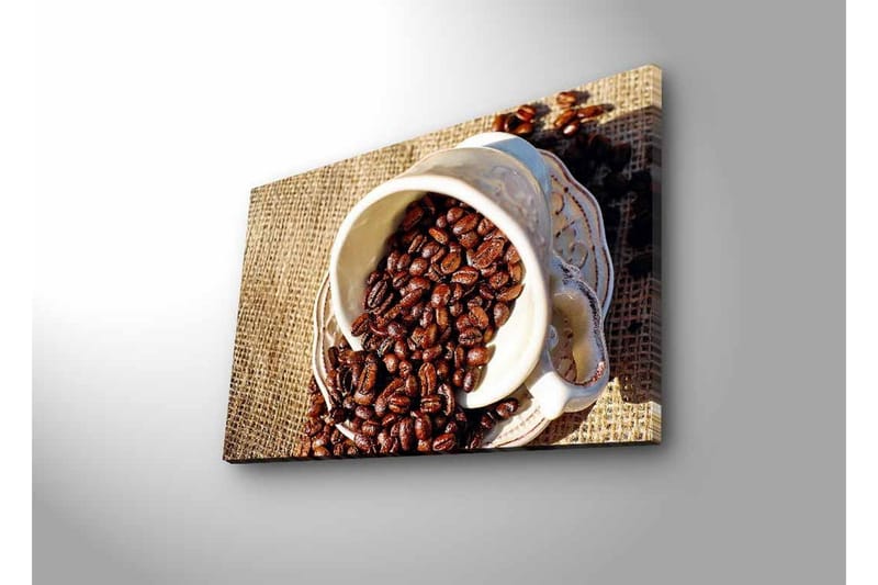 Canvas-taulu LED-valaistuksella - Luonnos kupista, jossa kahvipapuja levitetään juuttikankaalle - Tummanruskea / Beige - Sisustustuotteet - Taulu & taide - Canvas-taulu