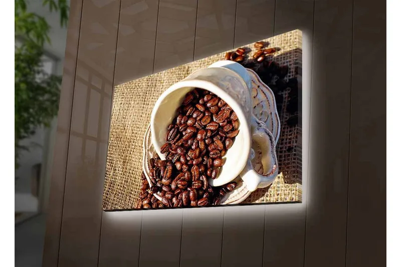 Canvas-taulu LED-valaistuksella - Luonnos kupista, jossa kahvipapuja levitetään juuttikankaalle - Tummanruskea / Beige - Sisustustuotteet - Taulu & taide - Canvas-taulu