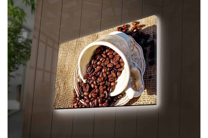 Canvas-taulu LED-valaistuksella - Luonnos kupista, jossa kahvipapuja levitetään juuttikankaalle - Tummanruskea / Beige - Sisustustuotteet - Taulu & taide - Canvas-taulu