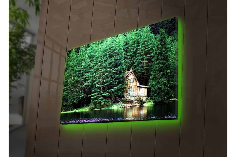 Canvas-taulu LED-valaistuksella - Mökki peilimäisen järven rannalla tiheän vehreyden ympäröimänä - Vihreä / Ruskea / Sininen - Sisustustuotteet - Taulu & taide - Canvas-taulu