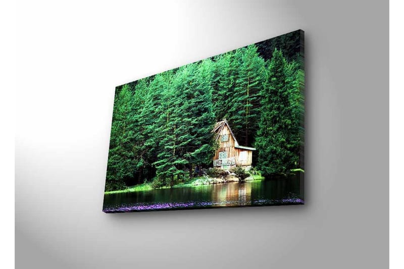 Canvas-taulu LED-valaistuksella - Mökki peilimäisen järven rannalla tiheän vehreyden ympäröimänä - Vihreä / Ruskea / Sininen - Sisustustuotteet - Taulu & taide - Canvas-taulu