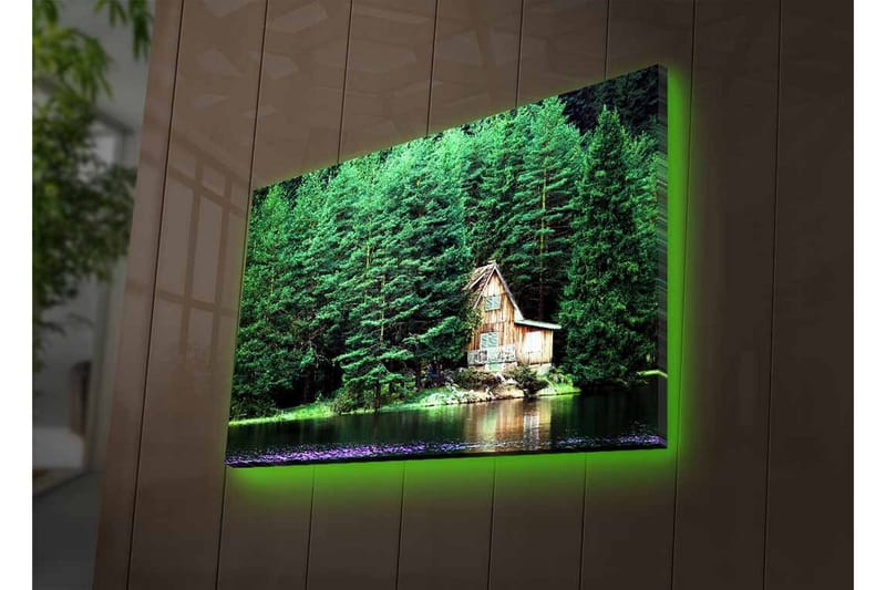 Canvas-taulu LED-valaistuksella - Mökki peilimäisen järven rannalla tiheän vehreyden ympäröimänä - Vihreä / Ruskea / Sininen - Sisustustuotteet - Taulu & taide - Canvas-taulu