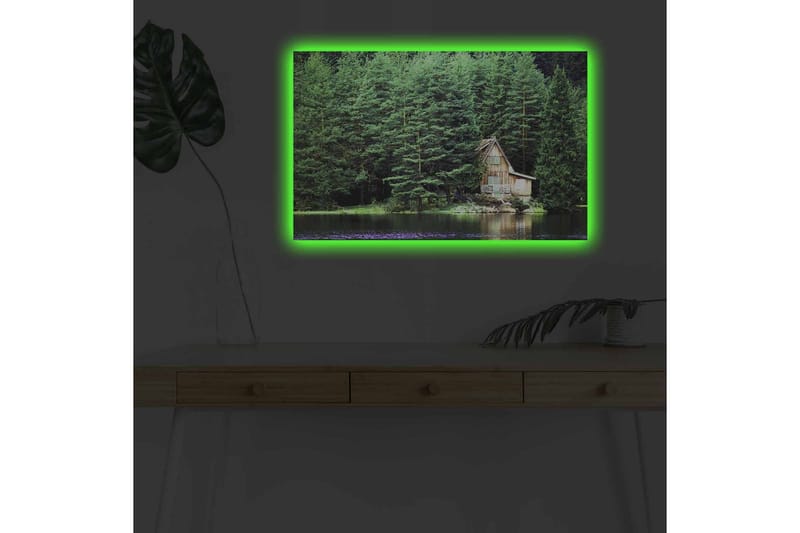 Canvas-taulu LED-valaistuksella - Mökki peilimäisen järven rannalla tiheän vehreyden ympäröimänä - Vihreä / Ruskea / Sininen - Sisustustuotteet - Taulu & taide - Canvas-taulu