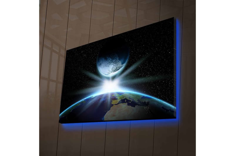 Canvas-taulu LED-valaistuksella - Maa avaruudesta nähtynä, kirkas auringonnousu kuun takana - Sininen / Vihreä / Musta - Sisustustuotteet - Taulu & taide - Canvas-taulu