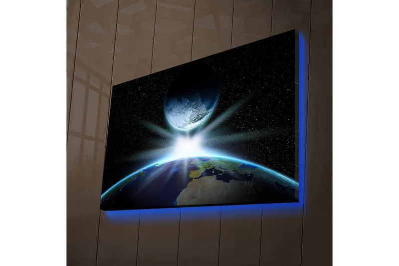 Canvas-taulu LED-valaistuksella - Maa avaruudesta nähtynä, kirkas auringonnousu kuun takana, Sininen / Vihreä / Musta