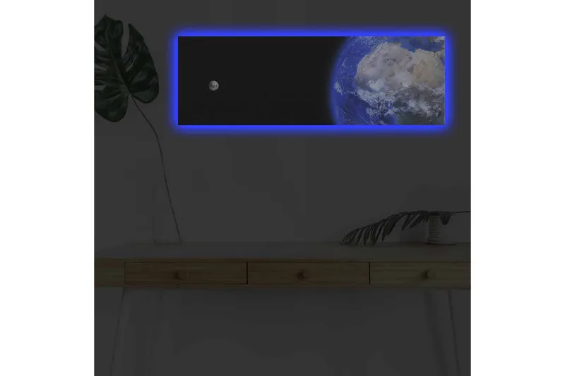 Canvas-taulu LED-valaistuksella - Maa avaruudesta nähtynä, kuu taustalla, Sininen / Harmaa / Musta