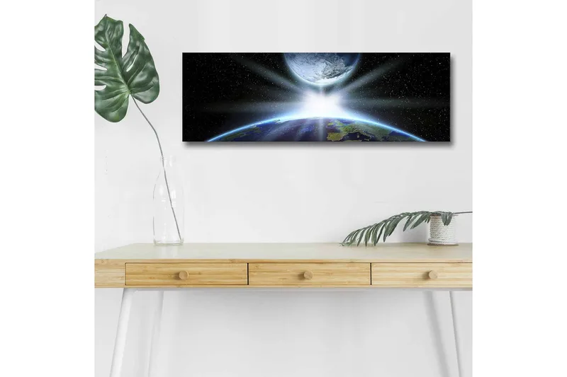 Canvas-taulu LED-valaistuksella - Maa avaruudesta nähtynä, valonsäteet murtuvat ilmakehän läpi - Sininen / Vihreä / Musta - Sisustustuotteet - Taulu & taide - Canvas-taulu
