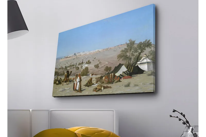 Canvas-taulu LED-valaistuksella - Maisema beduiineilla ja teltoilla aavikkoympäristössä, Sininen / Vihreä / Beige