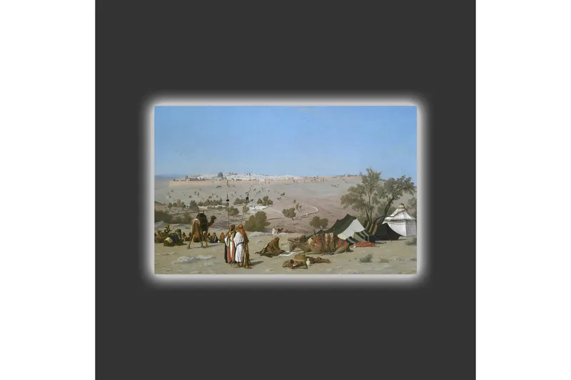 Canvas-taulu LED-valaistuksella - Maisema beduiineilla ja teltoilla aavikkoympäristössä - Sininen / Vihreä / Beige - Sisustustuotteet - Taulu & taide - Canvas-taulu