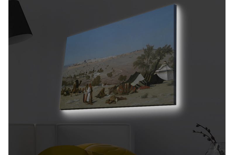Canvas-taulu LED-valaistuksella - Maisema beduiineilla ja teltoilla aavikkoympäristössä - Sininen / Vihreä / Beige - Sisustustuotteet - Taulu & taide - Canvas-taulu