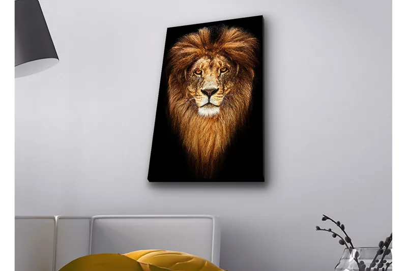 Canvas-taulu LED-valaistuksella - Majesteettinen leijonanpää majesteettisella harjalla - Kulta / Musta / Ruskea - Sisustustuotteet - Taulu & taide - Canvas-taulu