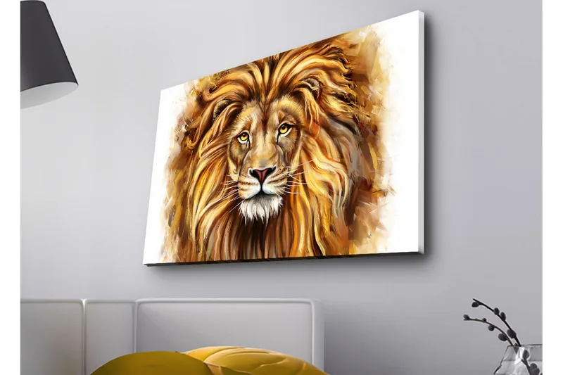 Canvas-taulu LED-valaistuksella - Majesteettinen leijonanpää yksityiskohtaisella harjalla ja ilmeikkäillä silmillä - Kulta / Ruskea / Beige - Sisustustuotteet - Taulu & taide - Canvas-taulu