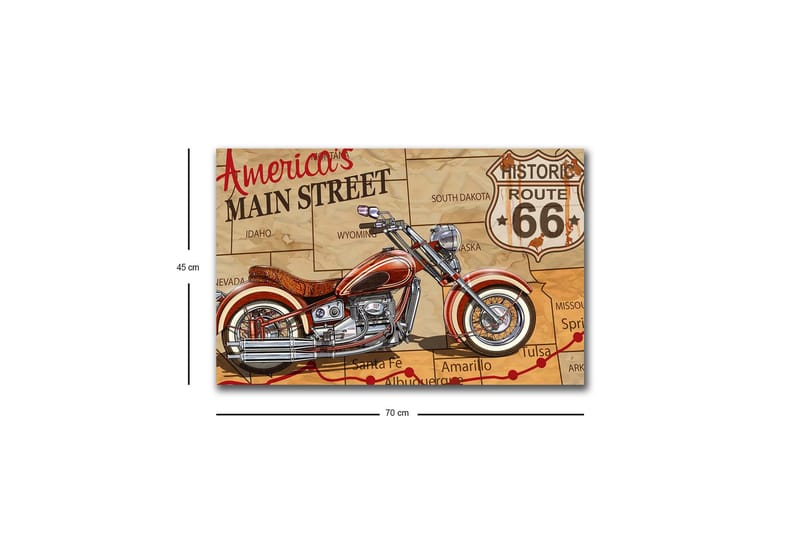 Canvas-taulu LED-valaistuksella - Moottoripyörä Route 66:n kartalla - Punainen / Beige / Musta - Sisustustuotteet - Taulu & taide - Canvas-taulu