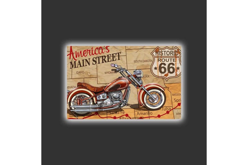 Canvas-taulu LED-valaistuksella - Moottoripyörä Route 66:n kartalla - Punainen / Beige / Musta - Sisustustuotteet - Taulu & taide - Canvas-taulu