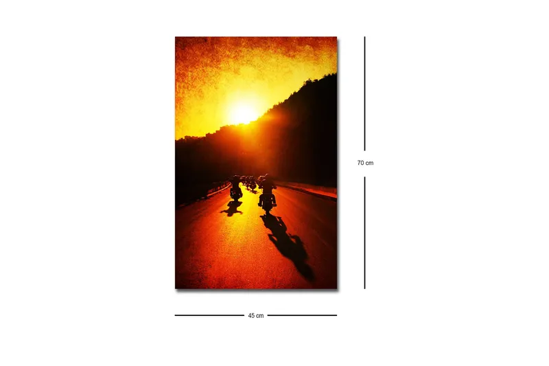 Canvas-taulu LED-valaistuksella - Moottoripyörät kulkevat tietä pitkin auringonlaskun kultaisessa valossa - Kulta / Oranssi / Musta - Sisustustuotteet - Taulu & taide - Canvas-taulu