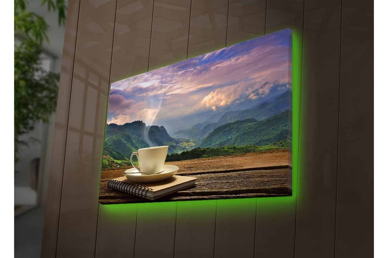 Canvas-taulu LED-valaistuksella - Muki höyryävän juoman kanssa luonnonkauniissa vuoristomaisemassa - Vihreä / Beige / Sininen - Sisustustuotteet - Taulu & taide - Canvas-taulu