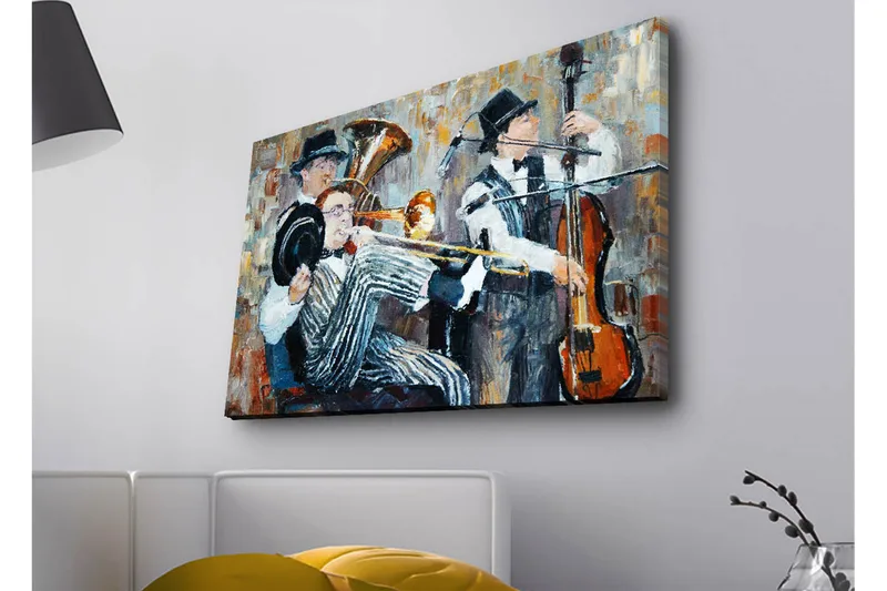 Canvas-taulu LED-valaistuksella - Musiikkiesitys kolmen soittavan muusikon kanssa, Tummansininen / Oranssi / Valkoinen