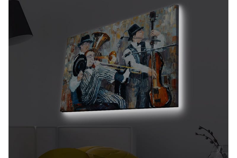 Canvas-taulu LED-valaistuksella - Musiikkiesitys kolmen soittavan muusikon kanssa - Tummansininen / Oranssi / Valkoinen - Sisustustuotteet - Taulu & taide - Canvas-taulu