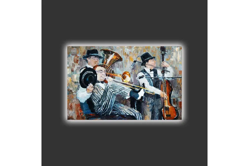 Canvas-taulu LED-valaistuksella - Musiikkiesitys kolmen soittavan muusikon kanssa - Tummansininen / Oranssi / Valkoinen - Sisustustuotteet - Taulu & taide - Canvas-taulu