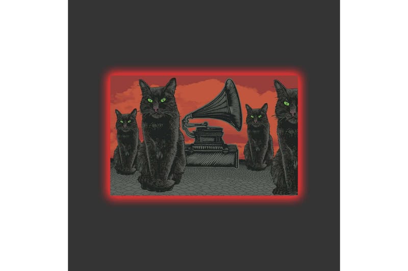 Canvas-taulu LED-valaistuksella - Musta kissa vihreillä silmillä gramofonin edessä punaisella taustalla - Musta / Punainen / Vihreä - Sisustustuotteet - Taulu & taide - Canvas-taulu