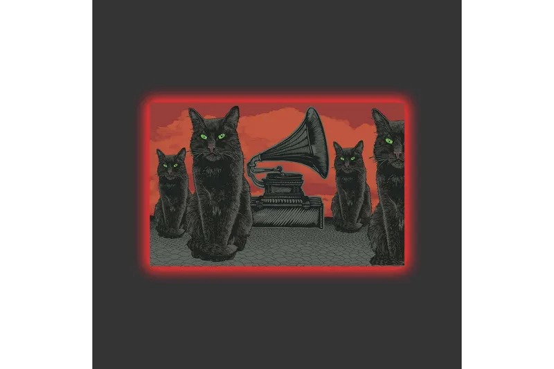 Canvas-taulu LED-valaistuksella - Musta kissa vihreillä silmillä gramofonin edessä punaisella taustalla - Musta / Punainen / Vihreä - Sisustustuotteet - Taulu & taide - Canvas-taulu