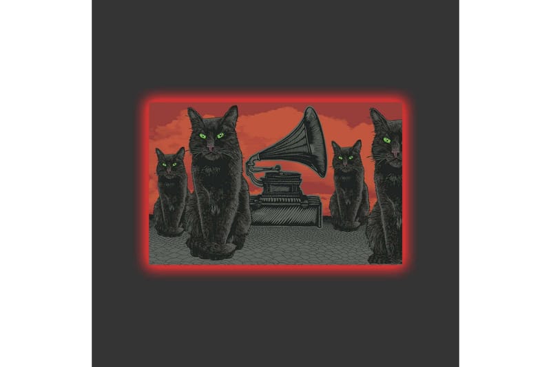 Canvas-taulu LED-valaistuksella - Musta kissa vihreillä silmillä gramofonin edessä punaisella taustalla - Musta / Punainen / Vihreä - Sisustustuotteet - Taulu & taide - Canvas-taulu