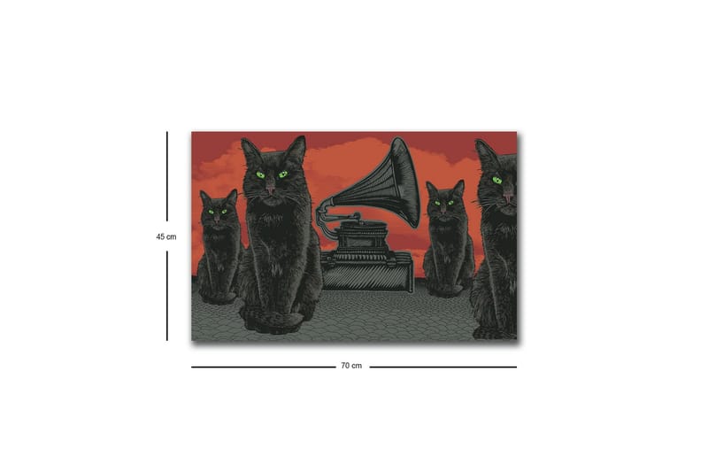 Canvas-taulu LED-valaistuksella - Musta kissa vihreillä silmillä gramofonin edessä punaisella taustalla - Musta / Punainen / Vihreä - Sisustustuotteet - Taulu & taide - Canvas-taulu