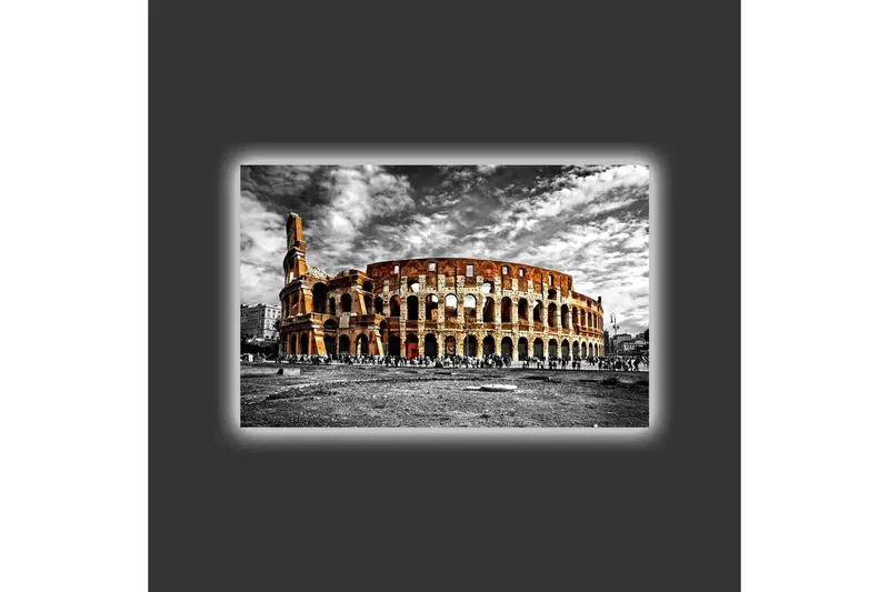 Canvas-taulu LED-valaistuksella - mustavalkoinen Colosseum oransseilla ja punaisilla vivahteilla - Musta / Oranssi / Punainen - Sisustustuotteet - Taulu & taide - Canvas-taulu