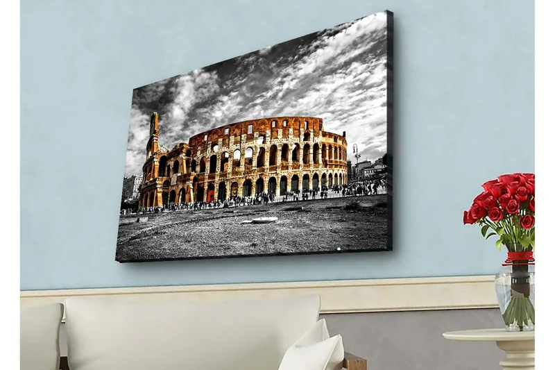 Canvas-taulu LED-valaistuksella - mustavalkoinen Colosseum oransseilla ja punaisilla vivahteilla, Musta / Oranssi / Punainen