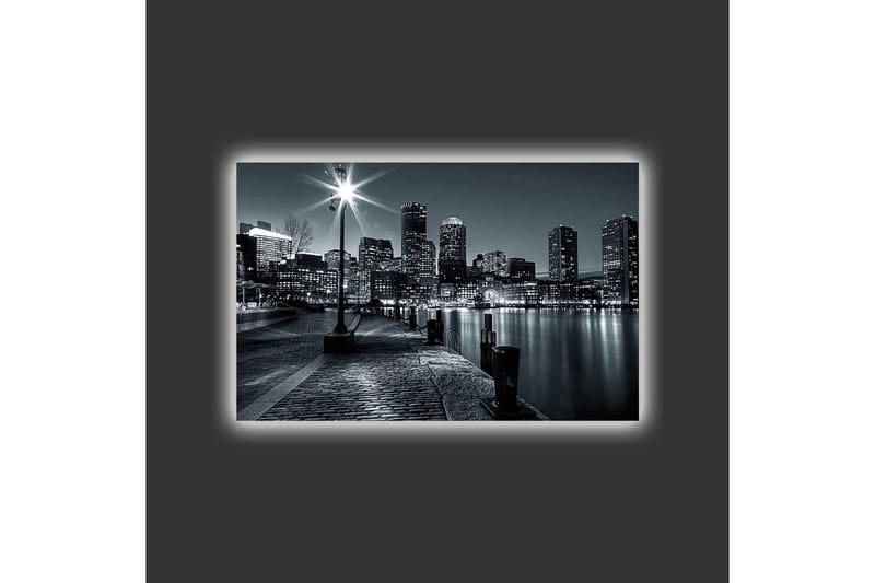 Canvas-taulu LED-valaistuksella - mustavalkoinen kaupunkikuva heijastuksilla vedessä - Musta / Harmaa - Sisustustuotteet - Taulu & taide - Canvas-taulu