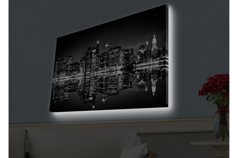 Canvas-taulu LED-valaistuksella - mustavalkoinen kaupunkisiluetti heijastuksilla veden pinnalla - Musta / Valkoinen / Harmaa - Sisustustuotteet - Taulu & taide - Canvas-taulu