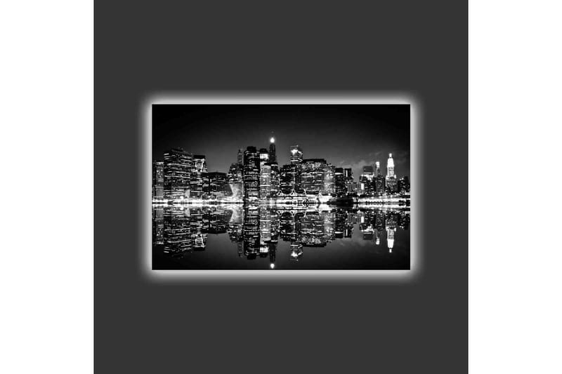 Canvas-taulu LED-valaistuksella - mustavalkoinen kaupunkisiluetti heijastuksilla veden pinnalla - Musta / Valkoinen / Harmaa - Sisustustuotteet - Taulu & taide - Canvas-taulu