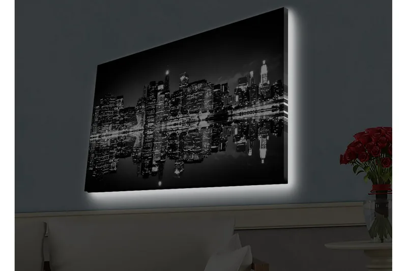 Canvas-taulu LED-valaistuksella - mustavalkoinen kaupunkisiluetti heijastuksilla veden pinnalla - Musta / Valkoinen / Harmaa - Sisustustuotteet - Taulu & taide - Canvas-taulu