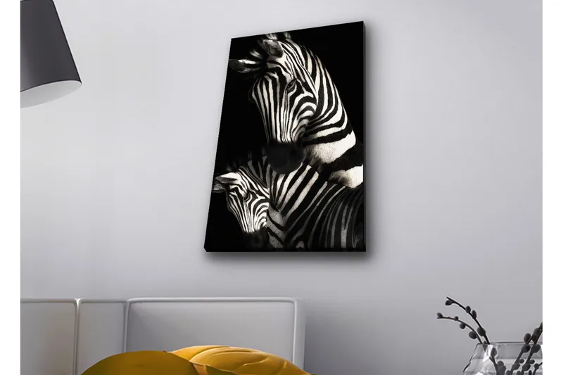 Canvas-taulu LED-valaistuksella - Mustavalkoiset seeprat erottuvilla raidoilla, Musta / Valkoinen