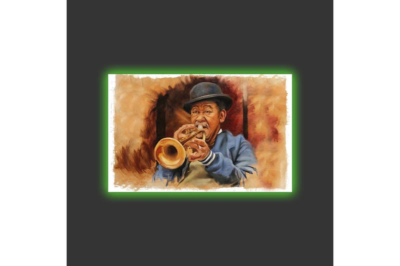 Canvas-taulu LED-valaistuksella - Muusikko soittaa trumpettia ilmeikkäillä piirteillä - Ruskea / Sininen / Beige - Sisustustuotteet - Taulu & taide - Canvas-taulu