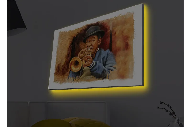 Canvas-taulu LED-valaistuksella - Muusikko soittaa trumpettia ilmeikkäillä piirteillä, Ruskea / Sininen / Beige