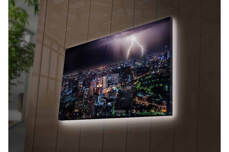 Canvas-taulu LED-valaistuksella - Myrskyisä kaupunkinäkymä ja yön salamat valaisevat sen - Tummansininen / Vihreä / Valkoinen - Sisustustuotteet - Taulu & taide - Canvas-taulu