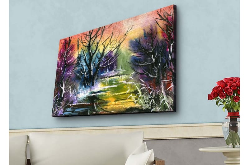 Canvas-taulu LED-valaistuksella - Mysteerinen maisema puiden siluetteineen hämärässä - Violetti / Vihreä / Musta - Sisustustuotteet - Taulu & taide - Canvas-taulu