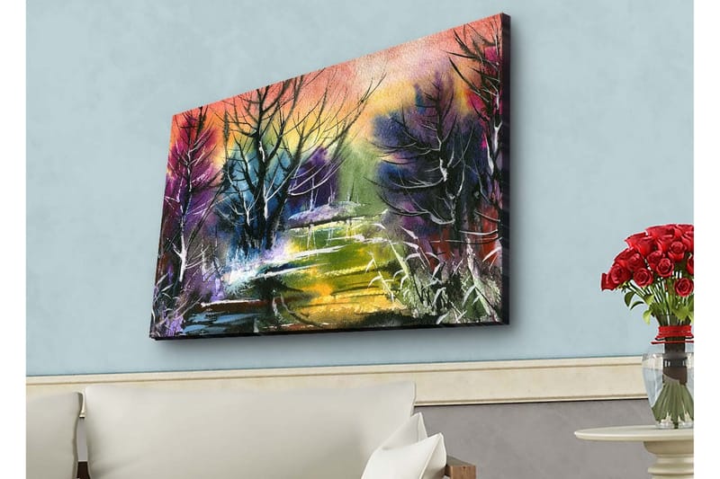 Canvas-taulu LED-valaistuksella - Mysteerinen maisema puiden siluetteineen hämärässä - Violetti / Vihreä / Musta - Sisustustuotteet - Taulu & taide - Canvas-taulu