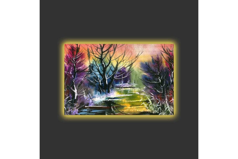 Canvas-taulu LED-valaistuksella - Mysteerinen maisema puiden siluetteineen hämärässä - Violetti / Vihreä / Musta - Sisustustuotteet - Taulu & taide - Canvas-taulu