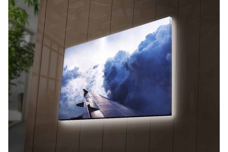 Canvas-taulu LED-valaistuksella - Näkymä lentokoneen siivestä kohti dramaattisia pilvimuodostelmia - Tummansininen / Vaaleanharmaa / Valkoinen - Sisustustuotteet - Taulu & taide - Canvas-taulu